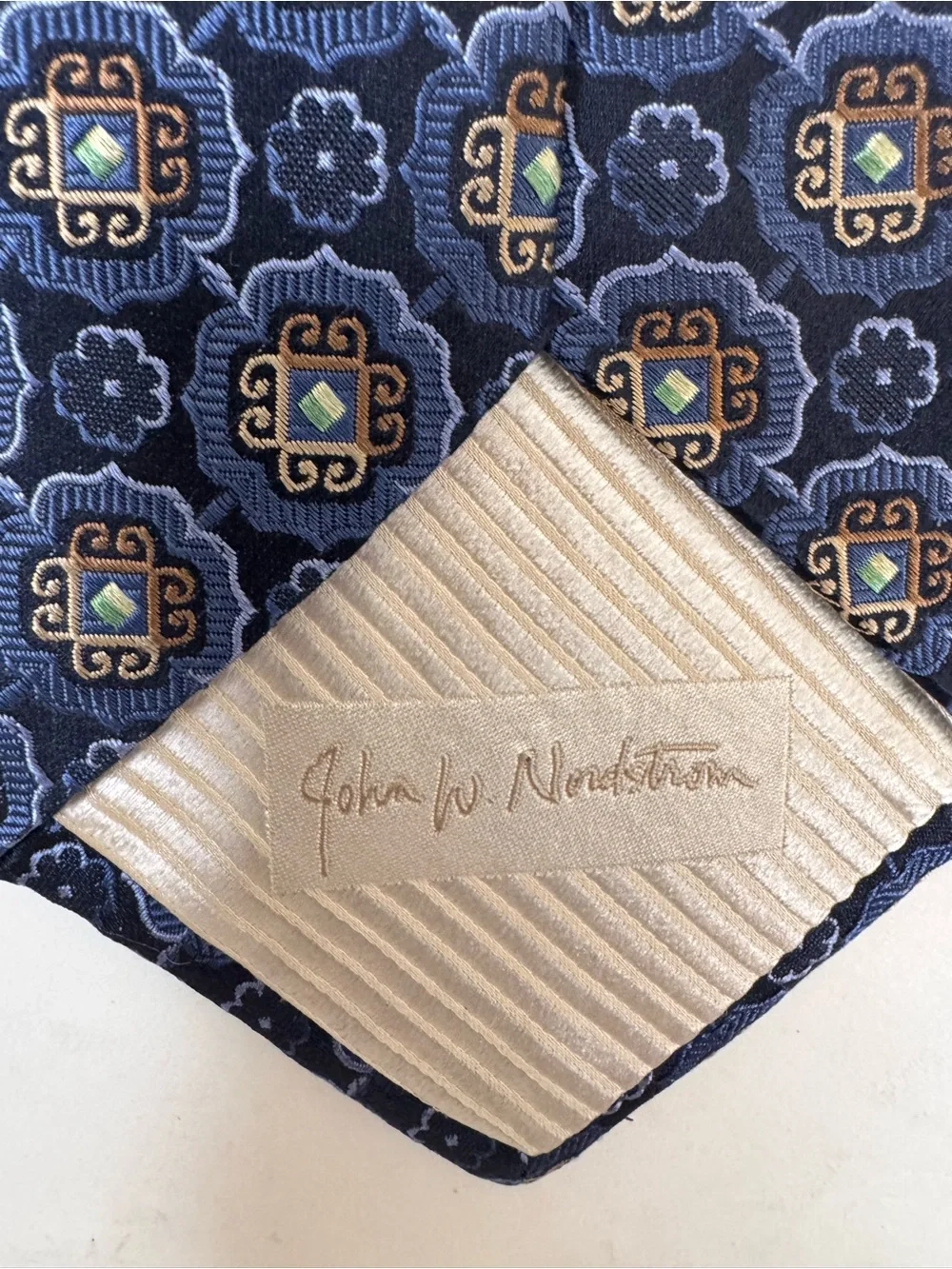 John W. Nordstrom Men’s Necktie Navy Jacquard Silk Tie Gold & Light Blue Motifs